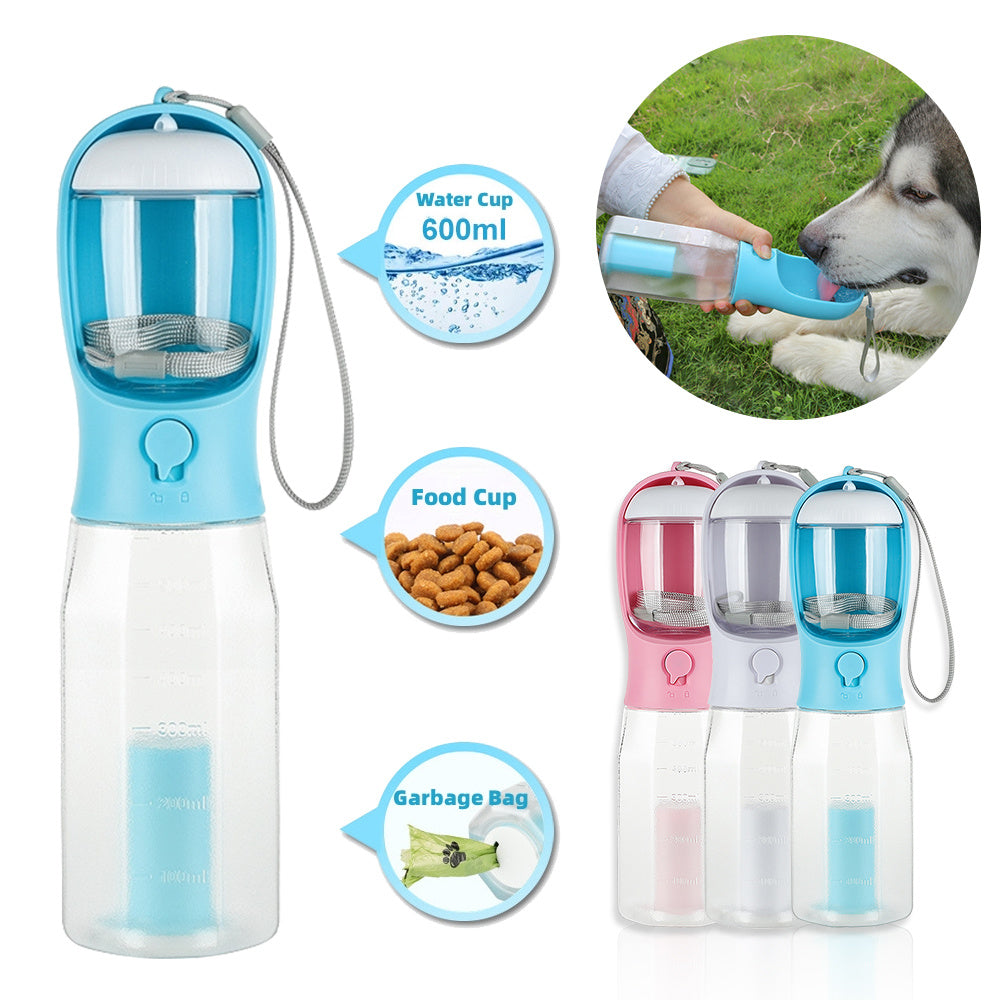 Portable 3-in-1 Pet Water Bottle – Feeder, Drinker & Poop Bag Dispenser