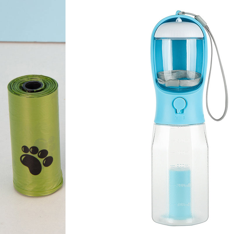 Portable 3-in-1 Pet Water Bottle – Feeder, Drinker & Poop Bag Dispenser